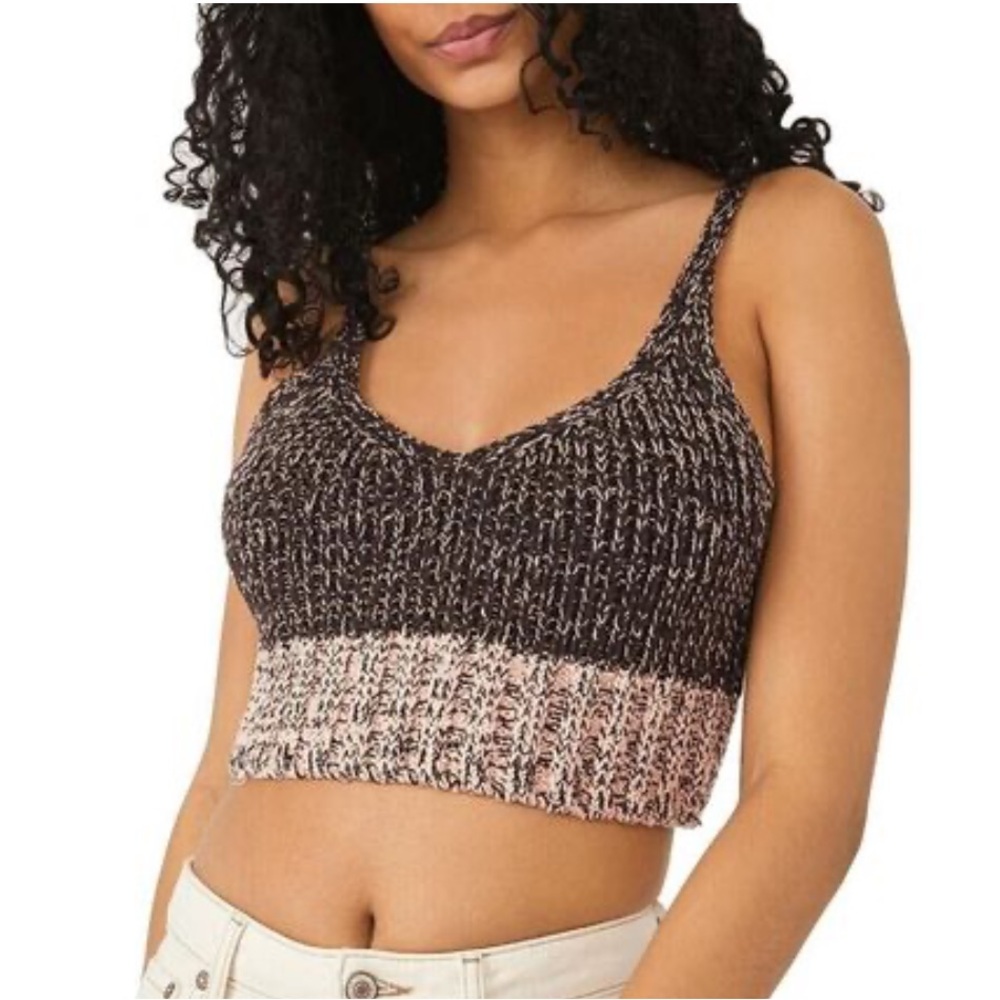 Intimately Free People Here All Day Brami Rib Knit Crop Top Black Coffee Combo-L